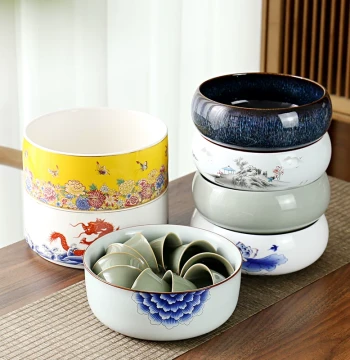 Ceramic Tea Washer Small/Large Size White Porcelain Kung Fu Brush Wash, Tea Basin Accessory Set, High-End Home Chinese Retro Tea Bowl