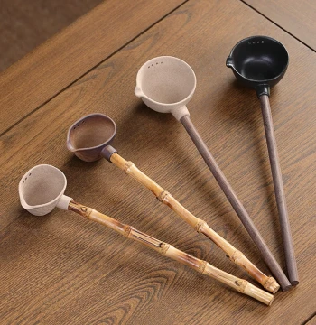 Anti-Scald Tea Sharing Spoon Made of Maifan Stone Ceramic with Ebony Wood Handle Long-Bamboo Ladle for Kung Fu Tea Set