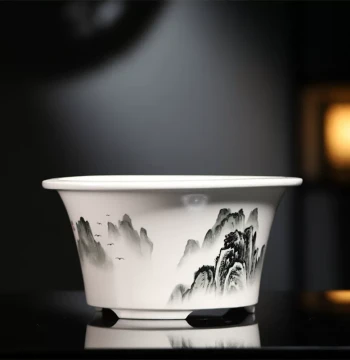 Light Luxury Zisha Flower Pot Ceramic Large Diameter Round Bonsai Pot Ink Wash Landscape Painted Green Plant Potted Plant Container Chinese Style