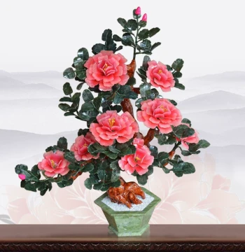 Jade Carved Peony Flower Bonsai Ornament - Jade Craft for Living Room, Flower Stand, Coffee Table, Entryway Curio Shelf Decoration