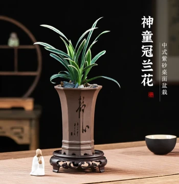 Chinese Style Zisha Orchid Bonsai Planter, Retro Shentongguan Ceramic Pot with Tray for Home Desktop Decoration