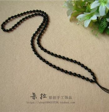 Natural Black Agate Beaded Necklace Cord – Long Pendant String for Gold Buddha Plaques and Jade Ornaments