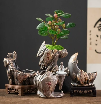 Zisha Flower Pot for Home, Retro Orchid Pot, Money Tree Bonsai Pot, Green Plant Rockery Irregular Ceramic Landscape Pot