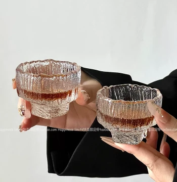 Kung Fu Tea Ware: Glacier-Pattern Single-Serve Coffee/Tea Cup – Stemmed Frosted Transparent Glass Cup for Cold Brew and Small Tea Servings
