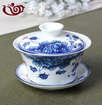Large Lidded Bowl Teacup Set - Blue and White Porcelain Kung Fu Three-Capacity Ceramic White Porcelain Brewing Bowl (Single)
