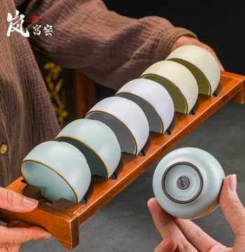 Premium Sky-Blue Tri-Color Ru Kiln Tea Cup Set, 6-Piece Household Tasting Cups, Kung Fu Tea Ware, Ceramic Master Cups