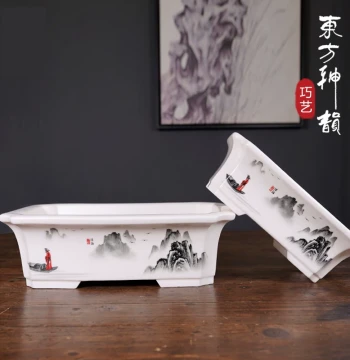 Premium Rectangular Zisha Planter with Chinese Ink Wash Landscape Painting, Large Ceramic Bonsai Pot