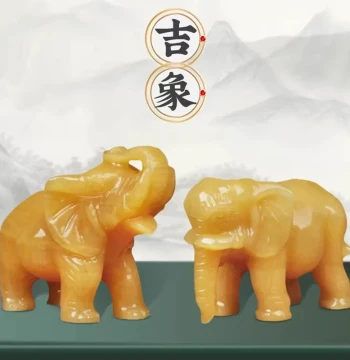 Yushanyuan Natural Beige Jade Carved Pair of Elephant Ornaments Manwei Auspicious Elephants for Living Room Office Decoration