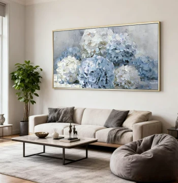 French Light Luxury Floral Oil Painting - Premium Handmade Wall Art for Living Room, American Style Hand-Painted Blue Hydrangea