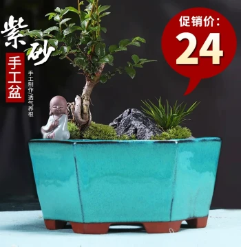 Extra-Large Hexagonal Glazed Zisha Pot, Orchid Pot, Clearance Sale, Six-Sided Green Plant and Flower Bonsai Pot, Ceramic Flower Pot