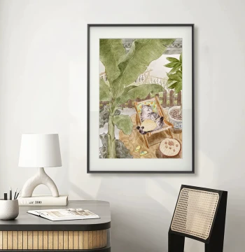 Cream Style Living Room Decor Painting, Cat with Banana Leaves, American Shorthair Tabby, Chinese National Trend, Pure Hand-Painted Art for Entryway