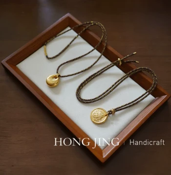 Hongjing Handmade 2.5mm Latte Coffee Gold-Brown Lustrous Thread Sweater Chain, Jade and Gold Pendant Cord Necklace for Men and Women