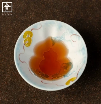 Hand-Painted Gourd-Shaped Master Cup - 'Wealth and Fortune' Ceramic Teacup for Ladies, Personal Tea Drinking and Tasting