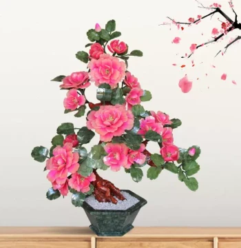 Jade Carved Peony Tree Ornament - Decor for Living Room, Entryway, Office; Creative Coffee Table and Flower Stand Display Piece
