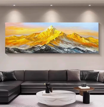 Sunrise Over Golden Mountain - Hand-Painted Textured Oil Painting from Dafen Village, Modern Minimalist Horizontal Wall Art for Living Room Sofa Background