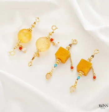 Natural Jade Yellow Fei Square Tassel Pendant with Yellow Fluorite Round Beads and Double-Clasp Connectors for DIY Bracelet and Necklace Accessories