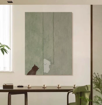 HW.piant Original Hand-Painted Oil Painting 'Hide and Seek'. Wabi-Sabi Style Artistic Abstract Mural for Restaurant Decor