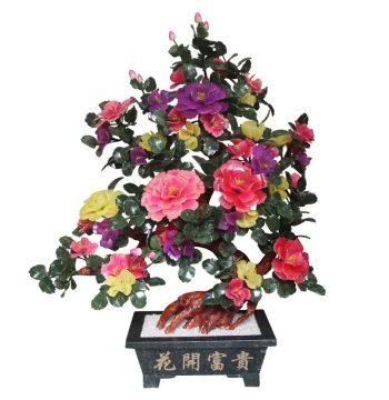 Jade Carved Peony Bonsai Ornament - Living Room Home Decor, Jade Craft for Lobby, Large Floor-Standing Piece for New Companies