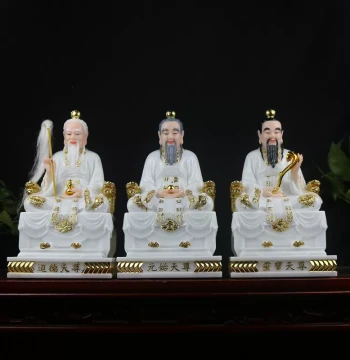 Three Pure Ones Daoist Ancestors Taishang Laojun Daode Lingbao Yuanshi Tianzun Buddha Deity Statue White Marble Powder Carved Ornament