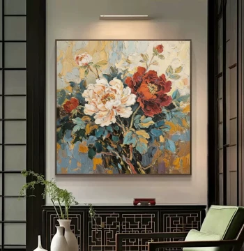 Pure Hand-Painted Oil Painting of Peonies Symbolizing Prosperity, Textured 3D Artwork for Living Room and Study, Chinese Floral Decorative Wall Art