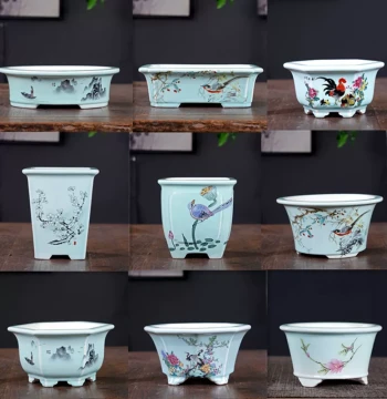 Premium Zisha Flower Pot Celadon Glazed Rectangular and Square Bonsai Pot with Painted Decals Chinese Style Green Plant Potted New Arrival