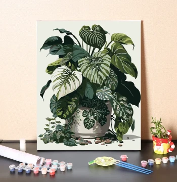 Paint by Numbers Kit: Minimalist Solid Color Leaf Potted Plant for Stress Relief