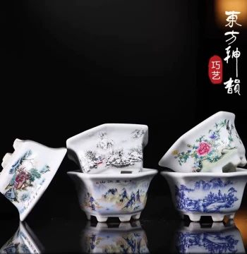 Premium Miniature Ceramic Planter with High-Temperature Decal Landscape Design – Chinese Style Pot for Succulents and Small Bonsai, Special Offer