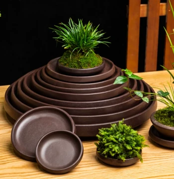 Ceramic Purple Clay Shallow Flower Pot without Drainage Hole - Water Tray for Rockery, Water-Absorbing Bonsai, Hydroponics; Zisha Ceramic Base