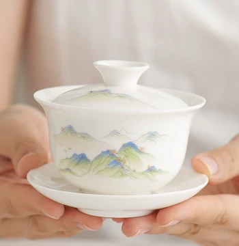 Dehua White Porcelain Sancai Lidded Bowl Home Mutton Fat Jade Porcelain Teabowl Single Large Premium Kung Fu Tea Set Teacup