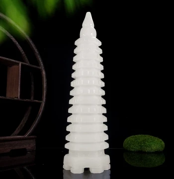 9-Layer and 13-Layer White Jade Wenchang Tower Ornament, Natural Jade Carved Pagoda for Office and Study, Business Gift
