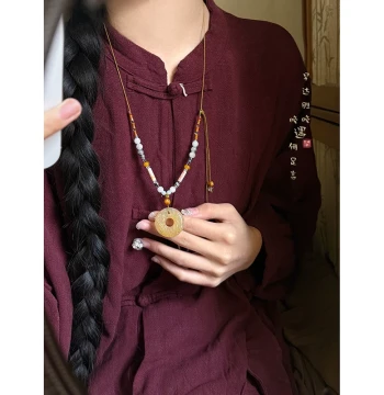 Chinese Zen Style Jade Braided Necklace for Women - Ethnic Beaded Pendant Sweater Chain - New Chinese Style Decorative Accessory