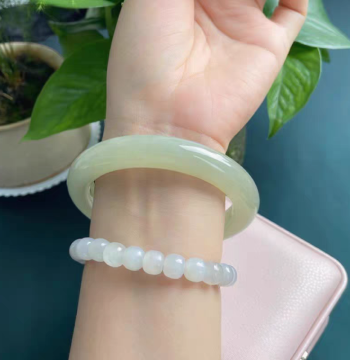 Authentic Natural Real Jade Round Bar Hetian Jade Green-White Jade Bracelet for Women, Clear Water Color Jade Bangle, Qinghai Yellow-White Jade