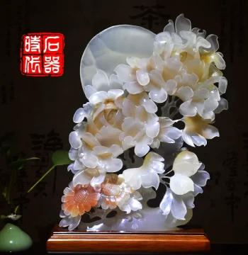 Natural Jade 'Flowers in Full Bloom, Moon Round' Ornament - Carved Craftsmanship, Wedding Gift, Chinese-Style Home Living Room and Entryway Decoration