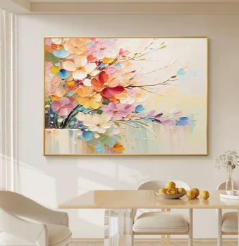Abstract Colorful Floral Hand-Painted Oil Painting, Cream Style Living Room Decor, Unique Art for Bedroom Headboard