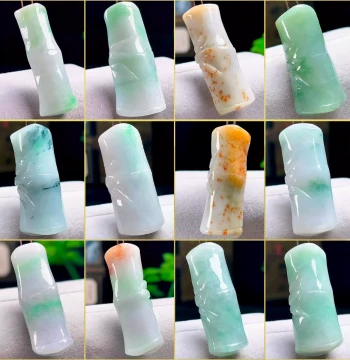 Myanmar Authentic Natural Type A Icy Green Floating Flower Jadeite Bamboo Section Pendant for Men and Women - Jade Bamboo Rising Step by Step