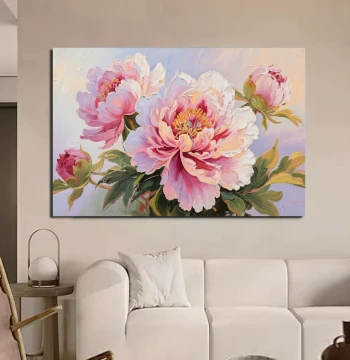 Pure Hand-Painted Oil Painting Blooming Peonies, New Chinese Style Textured Dafen Village Art for Living Room and Bedroom Decor