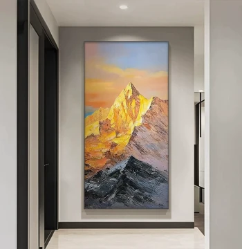 Sunshine on Golden Mountain Landscape Hand-Painted Oil Painting Entryway Decorative Painting Hallway Wall Art Premium Abstract 3D Mural
