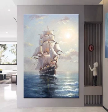 Entryway Smooth Sailing Pure Hand-Painted Oil Painting Living Room Sea Sailboat Textured Mural New Chinese Style Decorative Wall Art