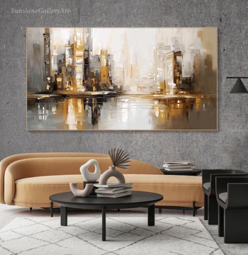 Dafen Village Pure Hand-Painted Oil Painting, Abstract City Architecture, Living Room Decor, Horizontal Office Nordic Study Room Wall Art