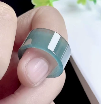 Sizes 18-32 Natural Grade A Ice-Translucent Blue-Green Jadeite Flat-Mouth Ring for Men, Wide Band Jade Thumb Ring Square Ring
