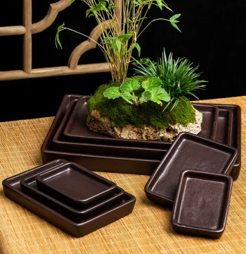 Extra Large Zisha Rectangular Landscape Flower Pot with Base Tray - Big Artificial Rock Water Absorbing Stone Stand Ceramic Basin