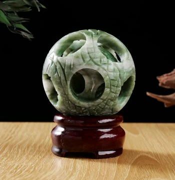 Natural Jade Concentric Ghost Work Ball Ornament - Raw Stone Carved Nested Hollow Relief Dragon and Phoenix Prosperity Display