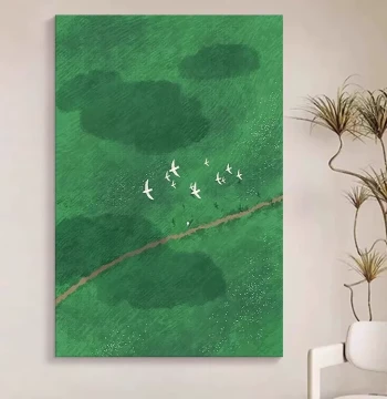 Grassland Scenery Pure Hand-Painted Oil Painting, Entryway Decor, Living Room Abstract Flying Birds Green Niche Art Corridor Hanging Picture