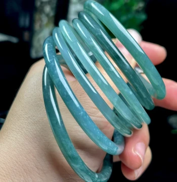 50-62mm Inner Diameter Natural Type A Jadeite Bangle, Blue-Green Oil Green Guatemala Jade Round Bar Dingdang Bracelet
