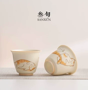 Sanxun Lucky Cat Tea Cup, Master Cup, Ceramic Drinking Cup, Single Cup, Household High-End Personal Tasting Cup, Cute Design