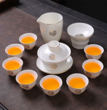2026 New Mutton Fat Jade Kung Fu Tea Set Ceramic Gaiwan Teacup Teapot Tea Tray Light Luxury High-End Home Tea Drinking