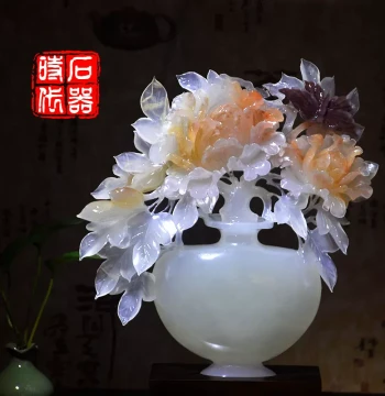 Large Natural Jade 'Blooming Flowers Bring Wealth' Ornament - Peony Vase Carved Craftsmanship - Home Living Room Decorative Display Piece