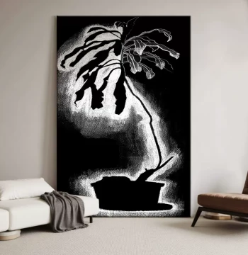 Minimalist Dark Style Black and White Potted Plant Decorative Painting - Entryway Background Wall Art, Living Room Textured Hand-Painted Oil Painting