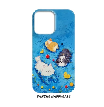 Hand-Painted Blue Pool Puppy Phone Case for iPhone 16/14 Pro/13/15/12, Creative Oil Painting Art Matte Film Shell, Shockproof for Huawei P70 Pro, Xiaomi 15, Samsung S25