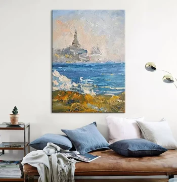 Living Room Pure Hand-Painted Sailboat Landscape Oil Painting – Abstract Art from Dafen Village with Acrylic Texture for Sofa and Entryway Decor